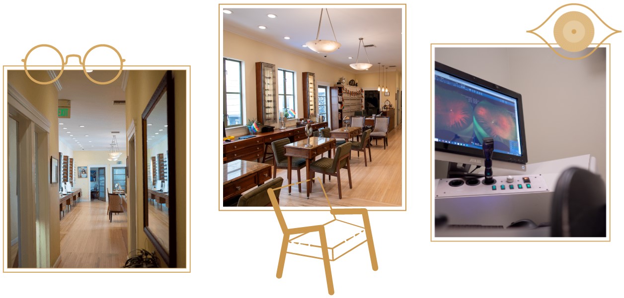 3 photos showing the hallway, desks for glasses testing and a eye machine